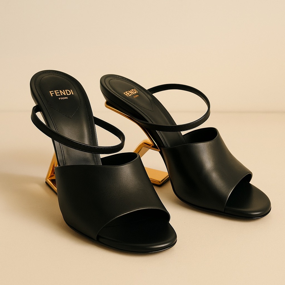 Fendi Roma Black Leather Gold Geometric Heeled Sandals